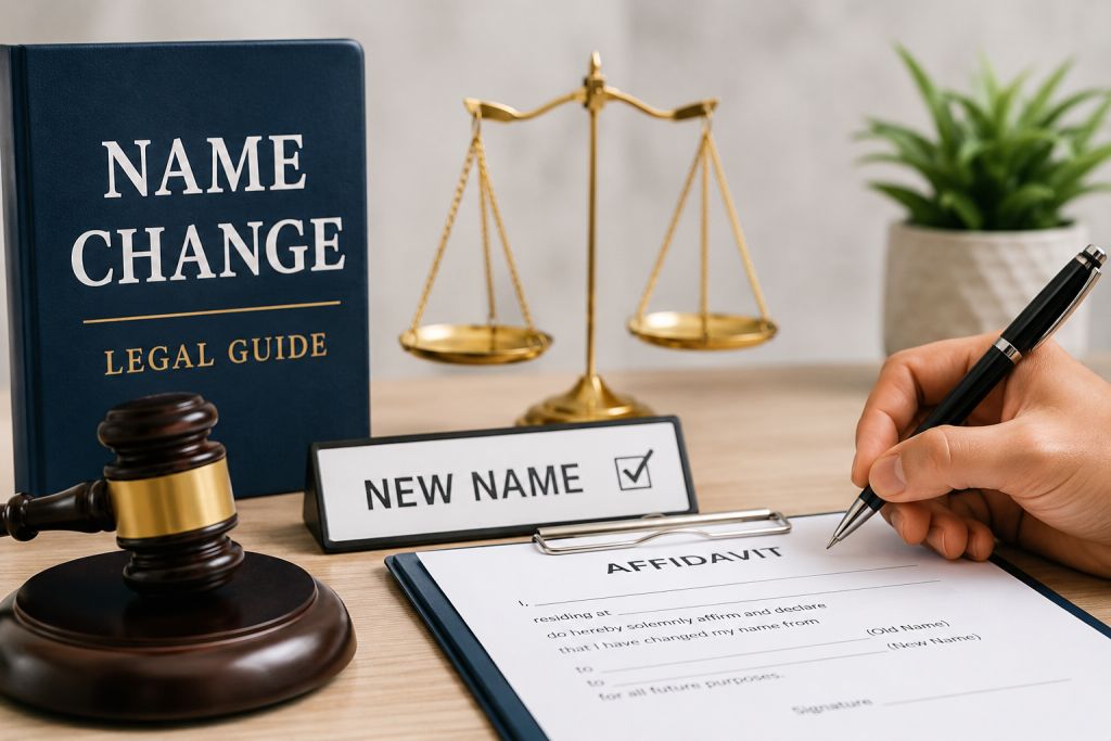 Legal name change process in India showing an affidavit being signed on a desk with a judge's gavel, scales of justice, and a name change legal guide, representing the official procedure for changing a person's name.