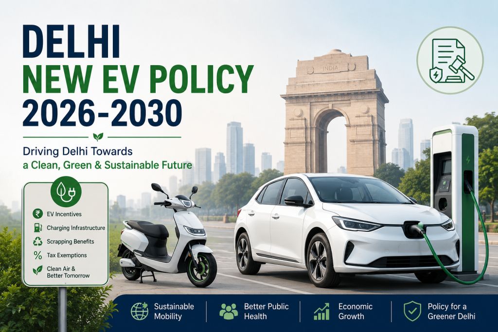 Delhi EV Policy 2026-2030 infographic featuring electric vehicles, EV charging infrastructure, tax incentives, sustainability initiatives, legal framework, and clean transportation in Delhi.