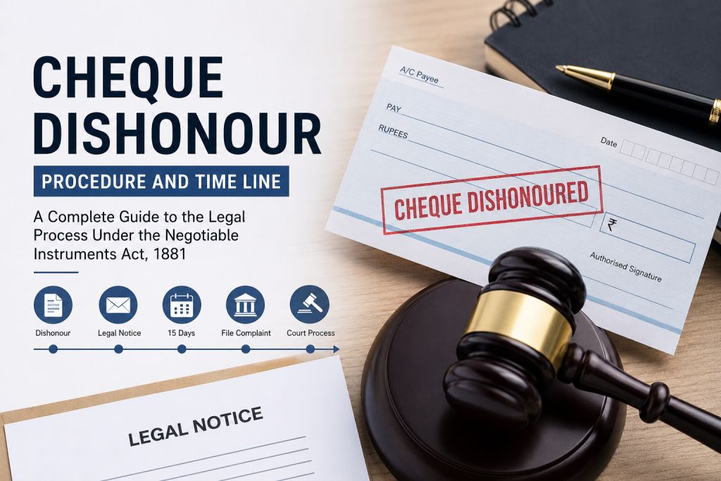 Cheque dishonour procedure in India showing legal notice, bounced cheque, court process, and timeline under the Negotiable Instruments Act, 1881.