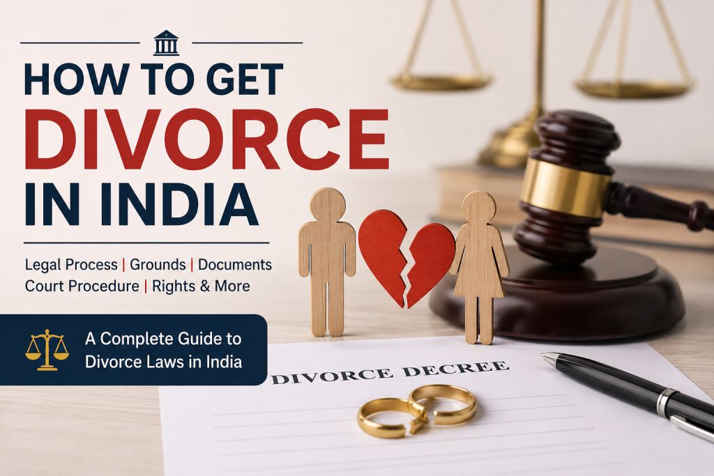 How to get divorce in India – legal divorce process, family court procedure, divorce decree, judge's gavel, broken marriage symbol, and legal guidance for mutual and contested divorce.