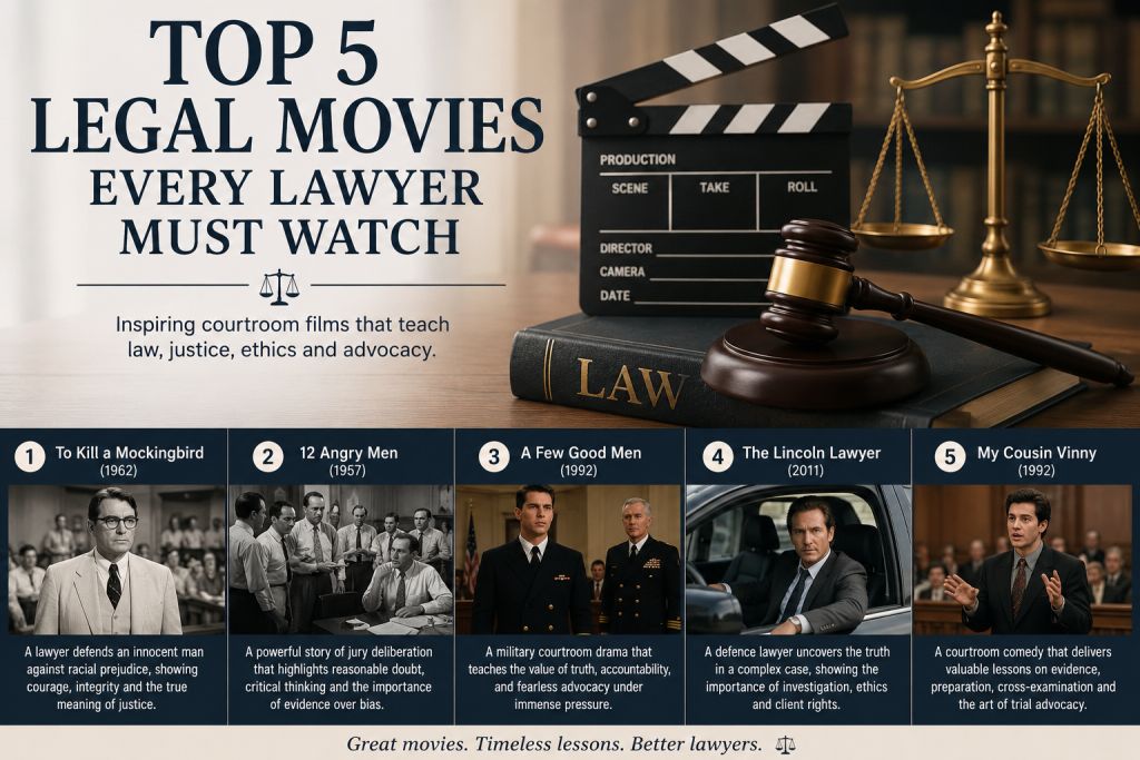 Featured image showing the top five legal movies every lawyer must watch, including courtroom dramas that teach legal ethics, advocacy, justice, evidence, and trial strategy.